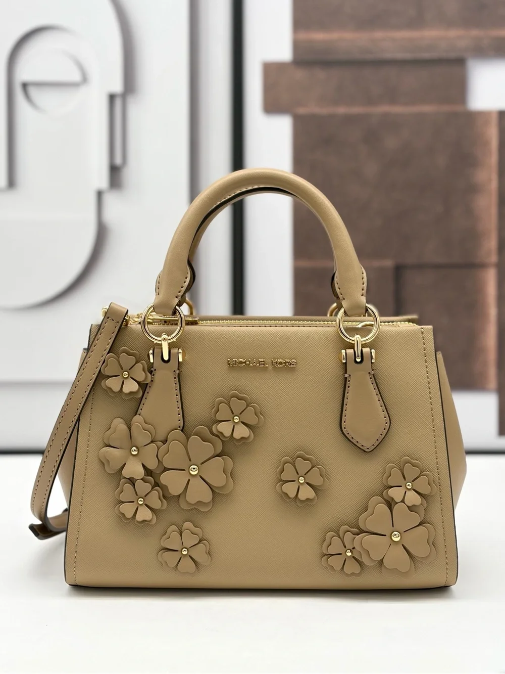 MICHAEL KORS Marilyn Small Floral Embellished Satchel Crossbody Bag Camel NWT
